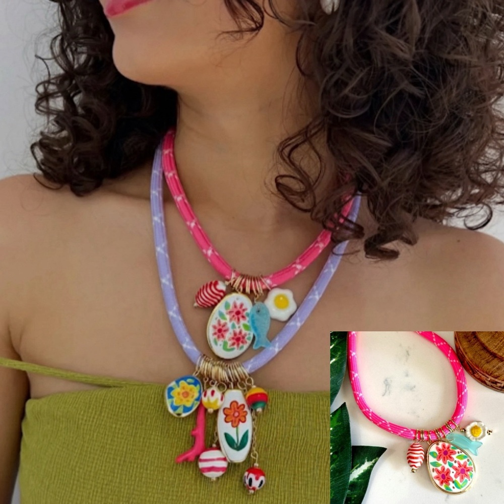 Whimsical Beach Pink Cord Lucky Charm Necklace Floral Boho Fish Vintage Style
